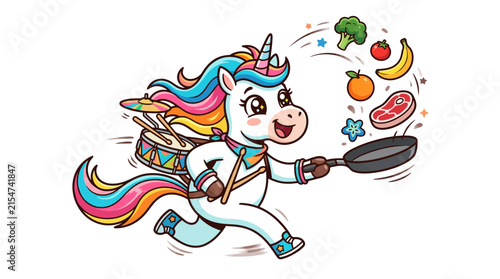 Cute cartoon unicorn chef playing drums and cooking healthy food