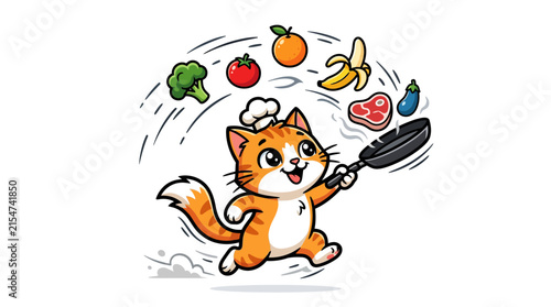Cute Cat Chef Juggling Food with Frying Pan
