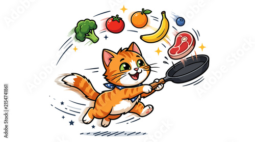 Cute Cat Chef Juggling Food and Frying Pan - Cartoon Illustration