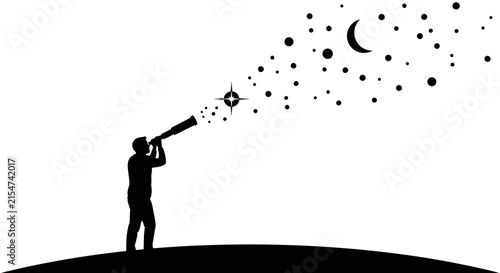 Dreamy stargazer silhouette observing the night sky with telescope, stars, and moon illustration