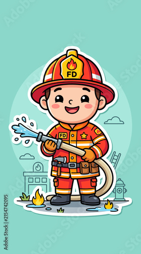 Cute Firefighter Character Holding Water Hose, Cartoon Style