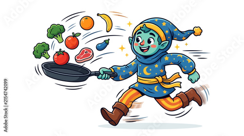Cute Elf Chef Running With Frying Pan and Flying Healthy Food Ingredients