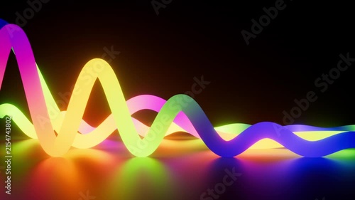 looping 3d animation. Fluorescent multicolored gradient ribbons, glowing in the dark and reflected in a mirrored floor. Retro futuristic sound equalizer. Abstract motion design of sliding neon lines