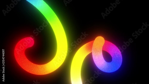 Neon line animation forming a squiggly shape. 3D render of a dynamic gradient line with a vintage film grain overlay.