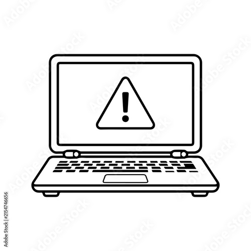 Laptop with warning sign outline icon. Vector line art of computer screen showing alert, danger, or cyber security threat concept isolated on white background.
