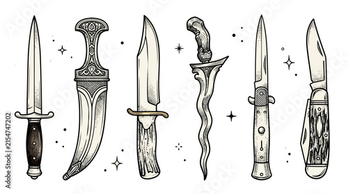 Foto Vintage Knives Collection Hand Drawn Illustration Vector