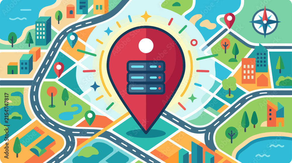 Naklejka premium Urban map navigation with server location pin icon.