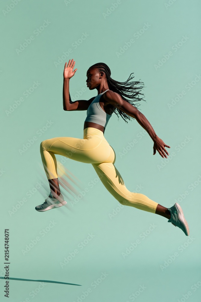 Fototapeta premium Athletic woman leaping in mint studio with yellow leggings and flowing hair for fitness poster, activewear banner and energetic sports background design