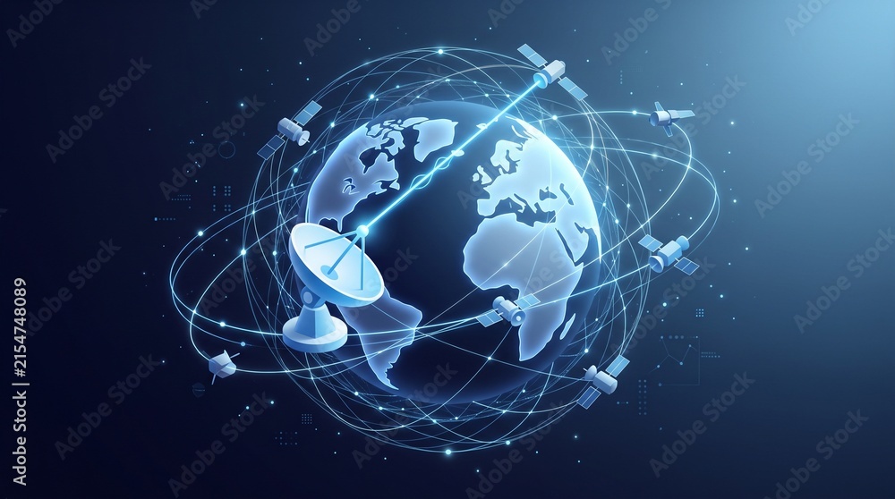 Fototapeta premium 3D satellite dish and telecommunication tower on glass platform with glowing orbital network rings, global satellite connectivity concept illustration