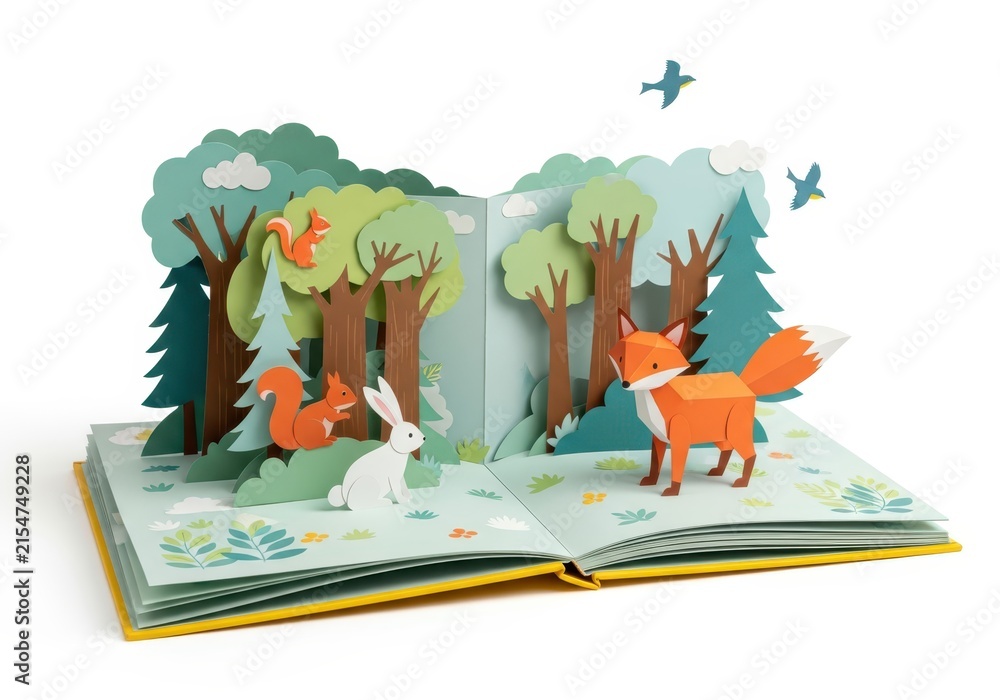 Naklejka premium 3D Pop-Up Book Illustration of a Forest Scene with Fox, Rabbit, and Squirrels in a Paper Craft Style