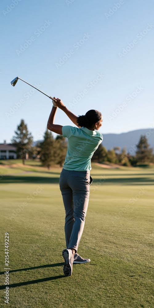 Obraz premium Female golfer follow through swing on green golf course background for banner and poster design