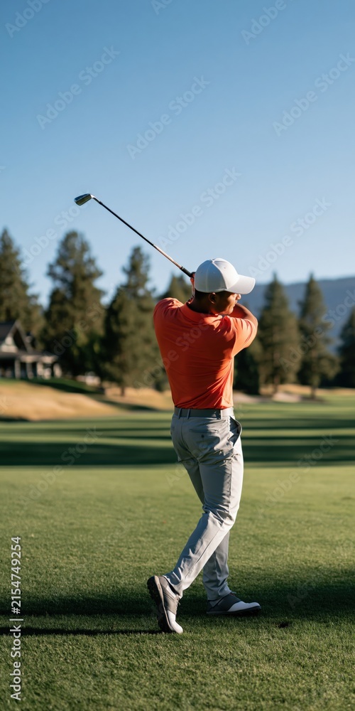 Obraz premium Male golfer swinging on a green fairway golf course in orange shirt for sports background and outdoor banner design