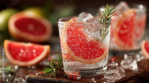 clear refreshing hard seltzer with grapefruit wedge and rosemary garnish, minimal beverage composition featuring detailed bubbles, ice, and crisp condensation 