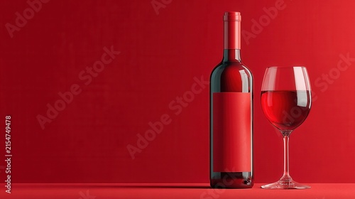 elegant wine still life with a red wine bottle and filled glass on a monochrome red background, minimal festive composition with half of the frame left empty for text, bottle without a label 