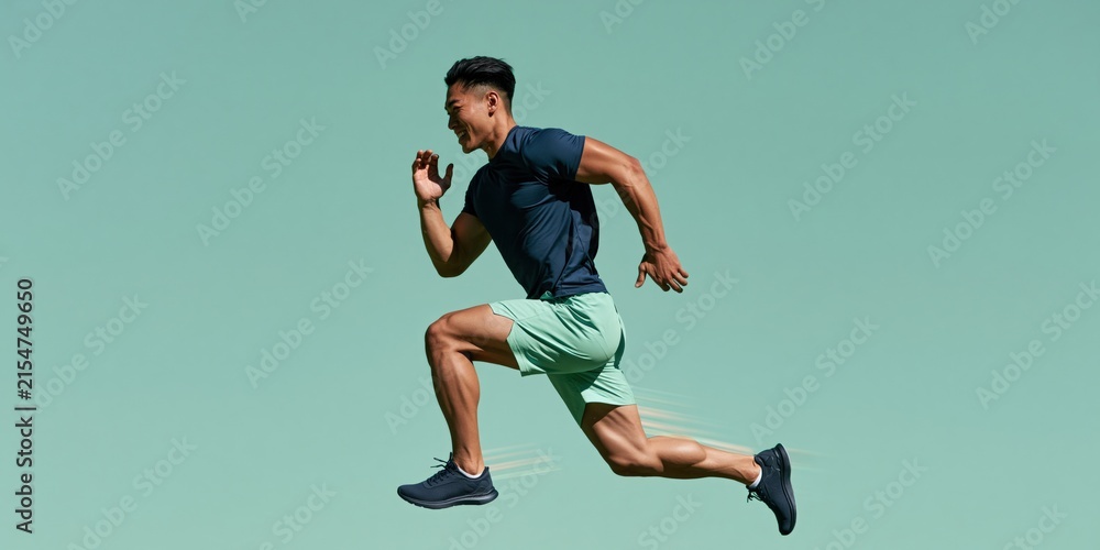 Obraz premium Male runner airborne in full stride on mint background for sports advertising banner and training wallpaper
