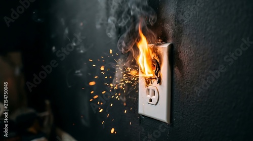Electrical wall outlet on fire with bright sparks and dark smoke causing a dangerous home and building hazard