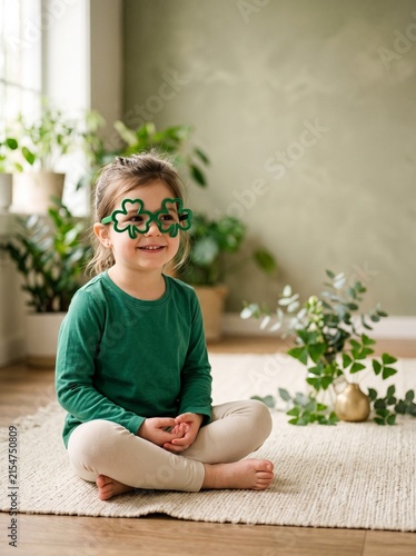 Child sitting in lotus position with shamrock glasses during St. Patrick's Day  