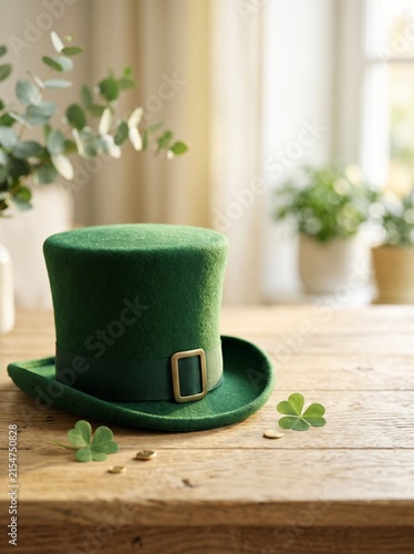 Green leprechaun hat on wooden table with clovers in a cozy room  