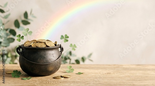 Pot of gold with coins and clovers under a rainbow  