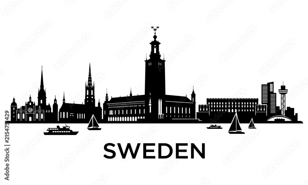 Fototapeta premium Black and white silhouette of the stockholm city skyline featuring the iconic city hall tower in sweden