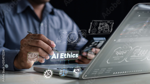 Фотография Professional reviews AI ethics and governance on a laptop with digital icons for law, fairness, transparency, accountability, and responsible artificial intelligence in a modern office