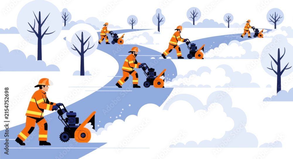 Fototapeta premium Firefighters clearing snow with snow blowers on a winter day.