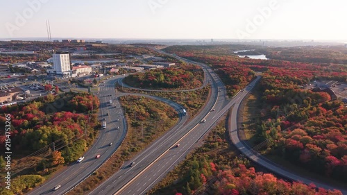 Aerial view of highways leaving Halifax in autumn New Scotland