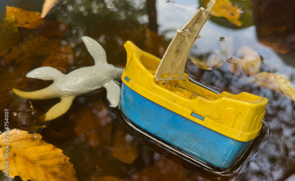 Obraz premium plastic toy boat floating in water puddle on asphalt path with yellow autumn leaves 
