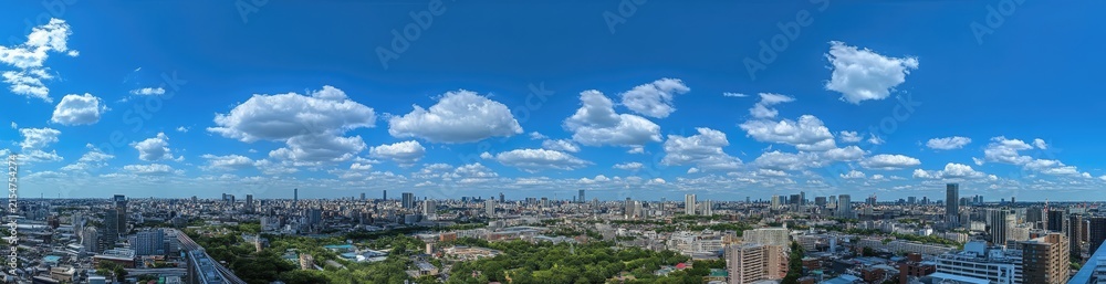 Fototapeta premium Panoramic view of a cityscape under a bright blue sky with fluffy white clouds. The city features numerous buildings and a large green park in the center