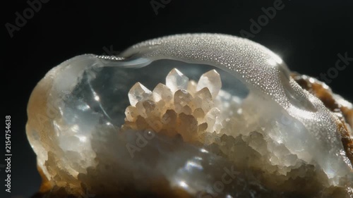 A cluster of translucent quartz crystals sits inside a smooth glass or resin sphere.