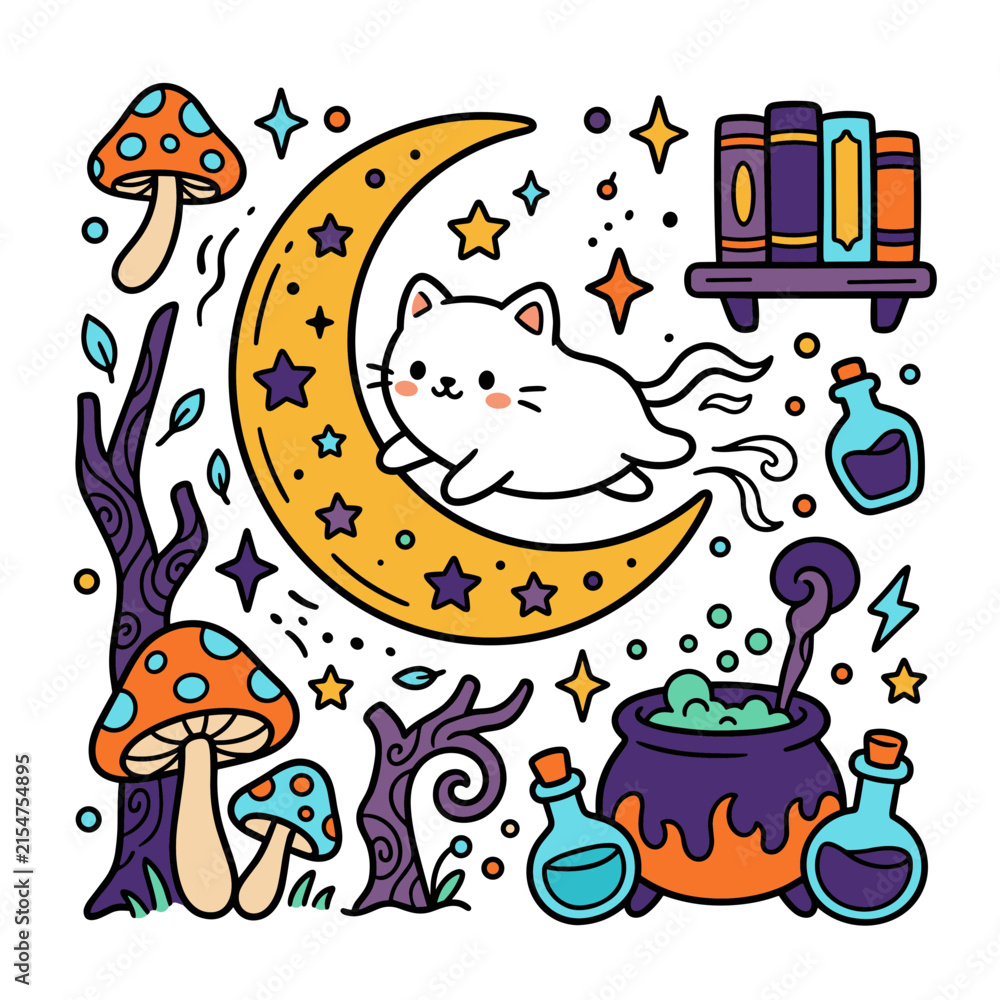 Fototapeta premium White cat jumping over crescent moon with magical alchemy items