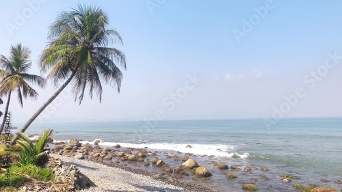 Tropical ocean waves crashing on rocky shore with palm trees