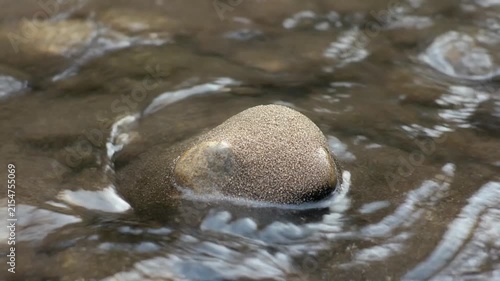 A smooth, rounded grey stone rests partially submerged in the flowing water of a stream.