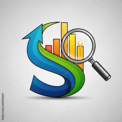 Colorful S letter with magnifying glass and bar chart illustration.