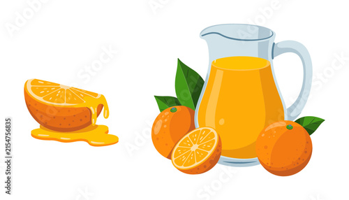 Fresh Orange Juice Glass Jug Set with Whole Cut Fruit Pieces and Dripping Liquid for Healthy Beverage Designs
