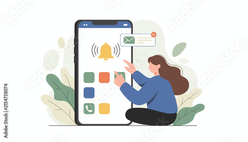 Young woman sitting on the floor and interacting with a giant smartphone screen showing a notification bell and social media app icons vector.