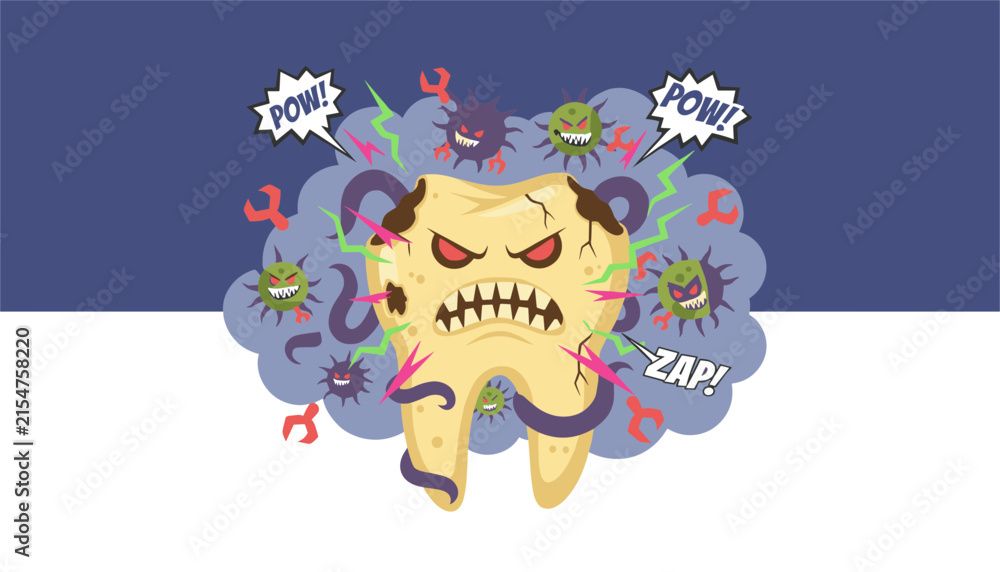 Fototapeta premium Anxious decayed tooth character is surrounded by purple germs and green bacteria with comic book style action words like pow and zap.