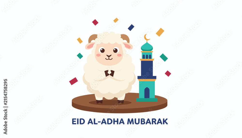 Fototapeta premium Eid Al-Adha Mubarak greeting features a cute fluffy white sheep standing next to a colorful turquoise and blue minaret with confetti.