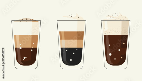 Three glasses of layered coffee drinks are shown with varying amounts of espresso, milk, and foam to illustrate different recipes.