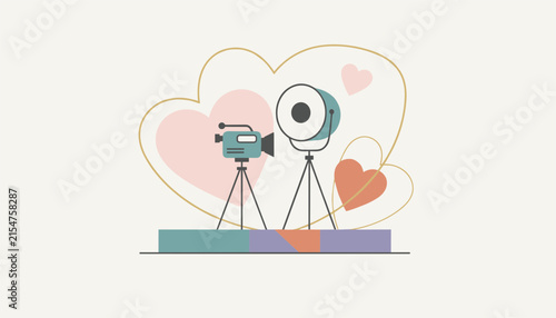 Cinematography illustration features a vintage film camera and a studio light in front of multiple overlapping soft pink hearts.