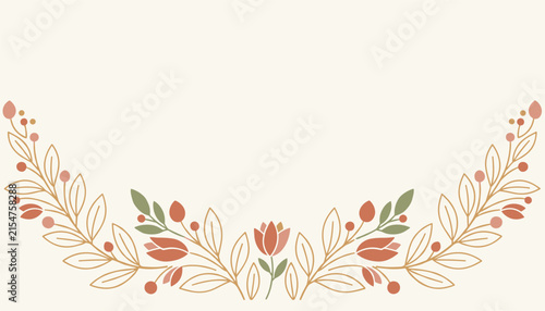Beautiful floral wreath border is composed of autumn colored flowers, leaves, and berries in a symmetrical arc design on a cream background.