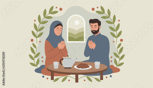 Traditional Muslim couple is praying together at a low table with tea and dates during the holy month of Ramadan in a serene setting.