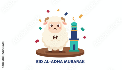 Eid Al-Adha Mubarak greeting features a cute fluffy white sheep standing next to a colorful turquoise and blue minaret with confetti.