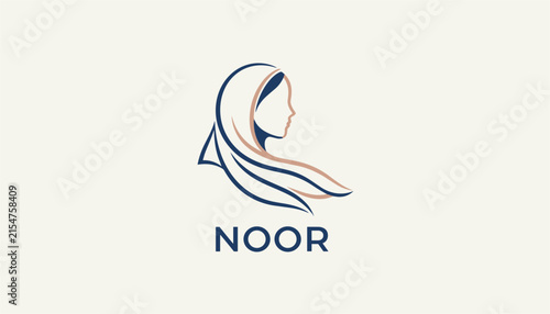 Minimalist logo design featuring the profile of a woman wearing a hijab with the name Noor written in bold blue letters below.