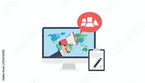 Marketing concept showing a hand holding a megaphone coming out of a computer screen with a world map and a clipboard.