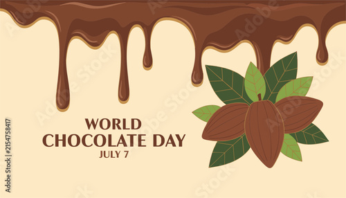 World Chocolate Day banner with dark melting chocolate dripping from the top and cocoa beans with leaves on a light beige background for July 7.