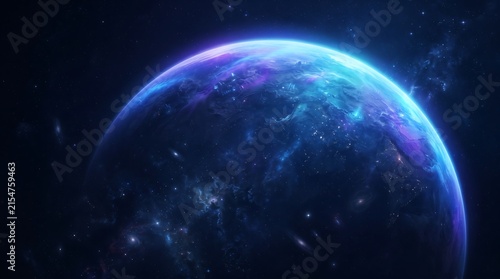A breathtaking view of a glowing blue planet in deep space surrounded by distant stars and colorful cosmic nebula clouds floating