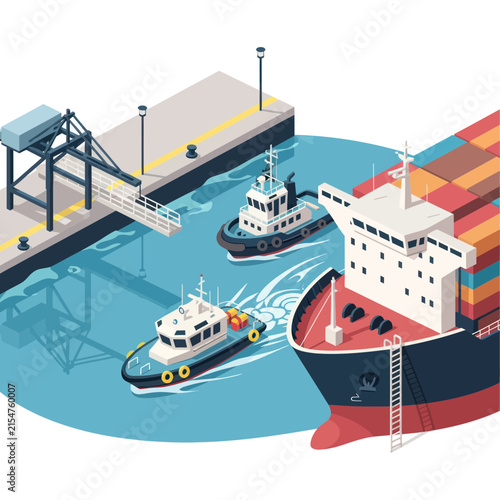 Colorful cargo ship and tugboats at modern port.