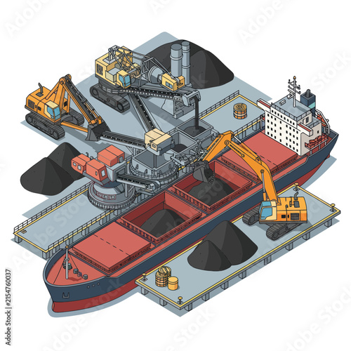 Industrial cargo ship loading coal at port terminal.