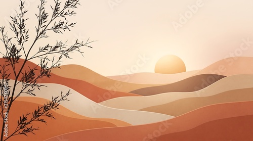 Minimalist boho landscape background featuring layered abstract sand dunes and a glowing sun with delicate willow tree branch silhouette in sunset colors